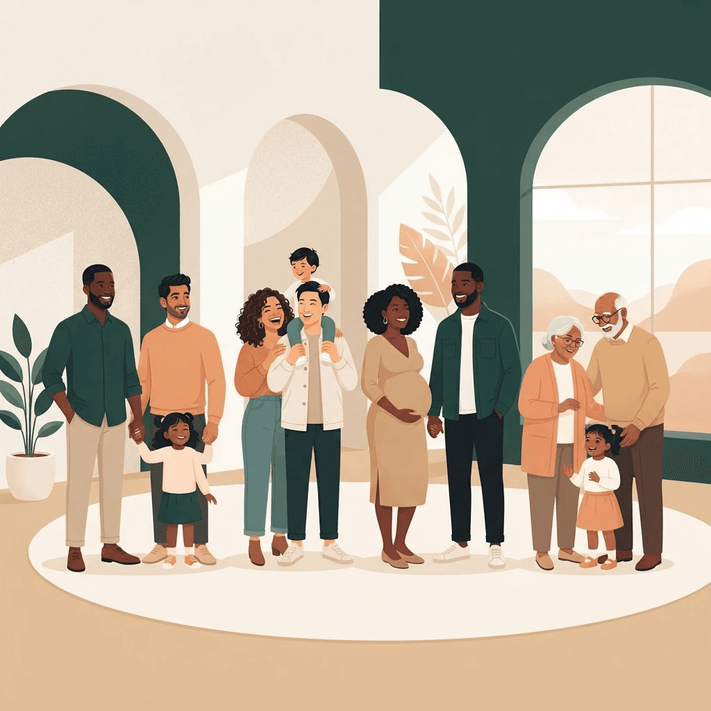 Illustration of diverse future families standing together