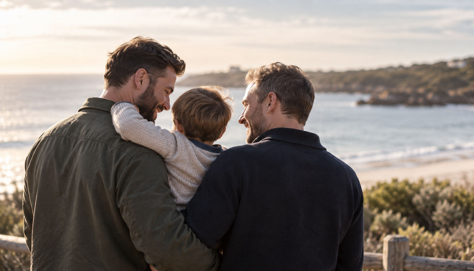 Two dads with their son looking out over the coast at sunset
