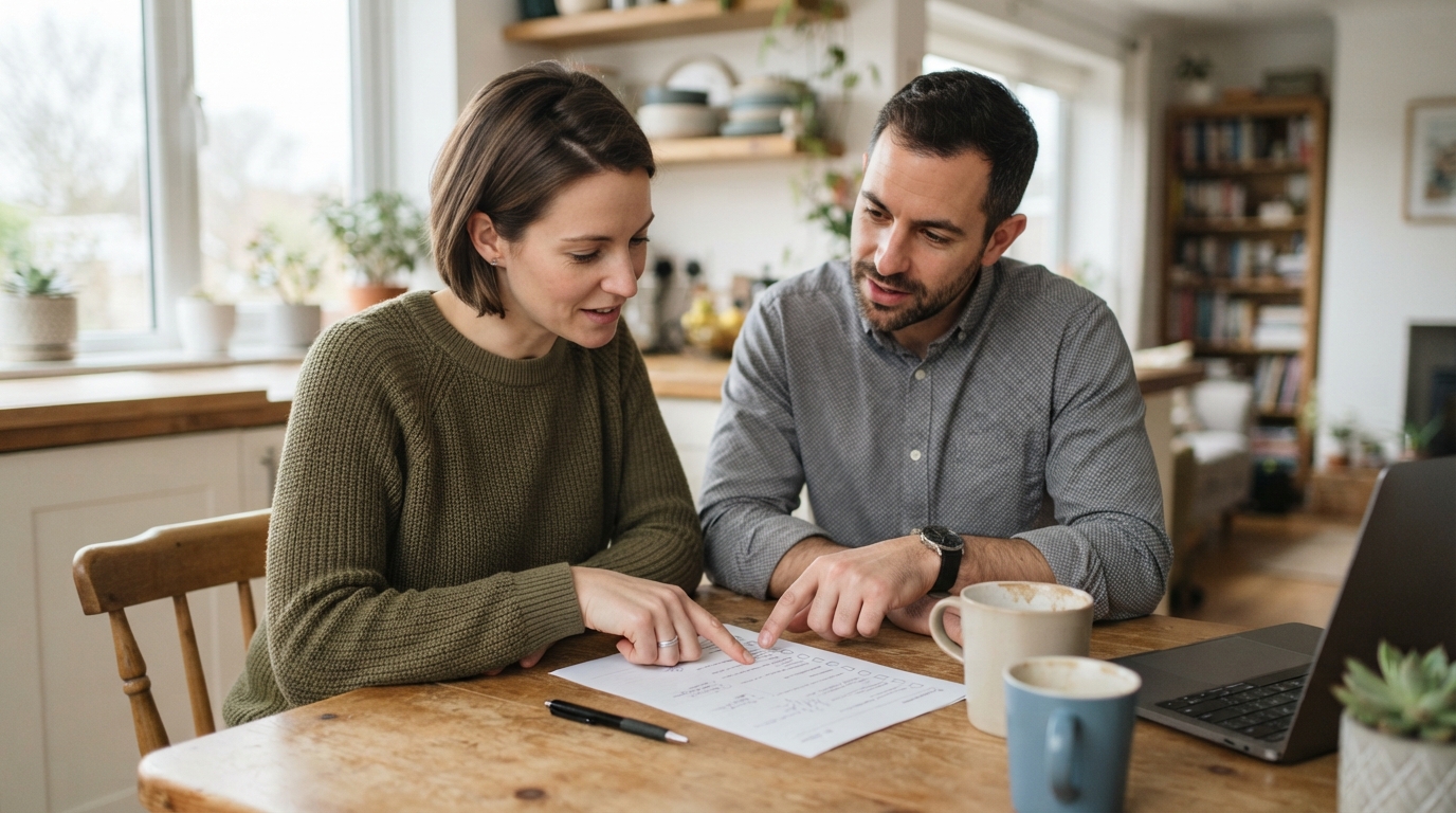 Two people working through a checklist together at a table