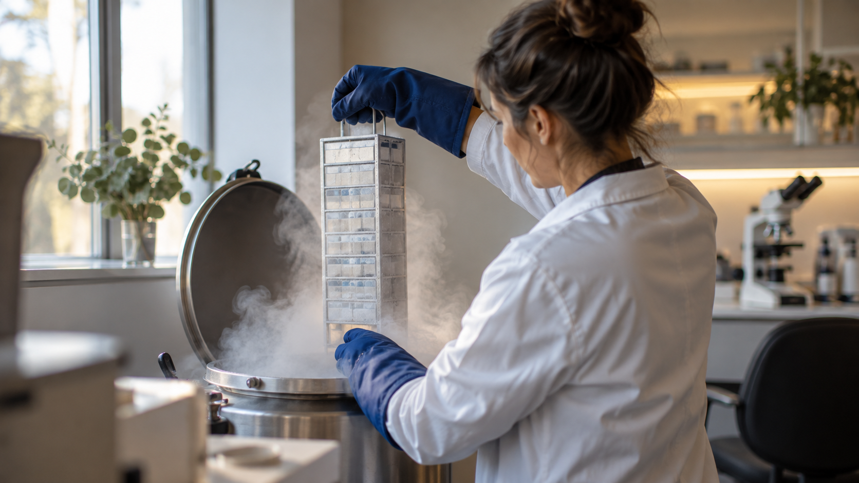 An embryologist lifting a cryogenic storage cane from a liquid nitrogen tank, vapor rising