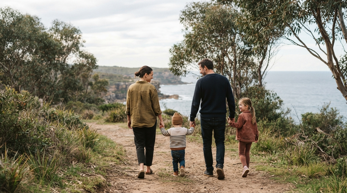 A family walking together on a coastal path under eucalyptus trees