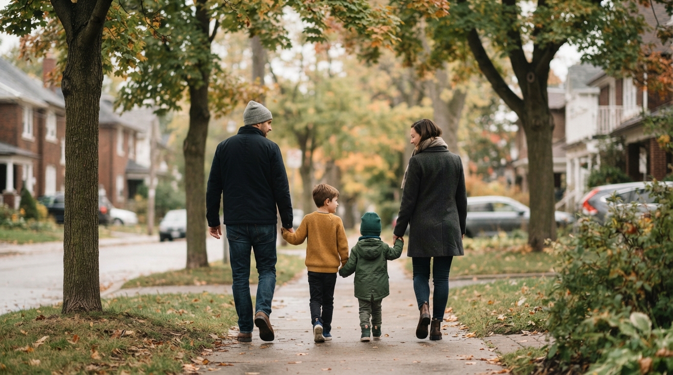 A family walking together under maple trees in early autumn
