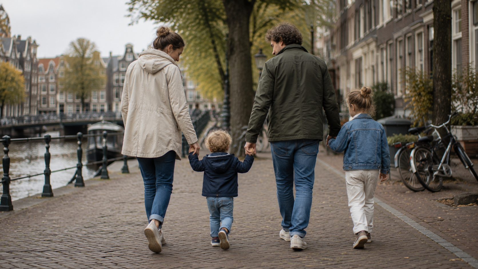A family walking together along a canal-side street