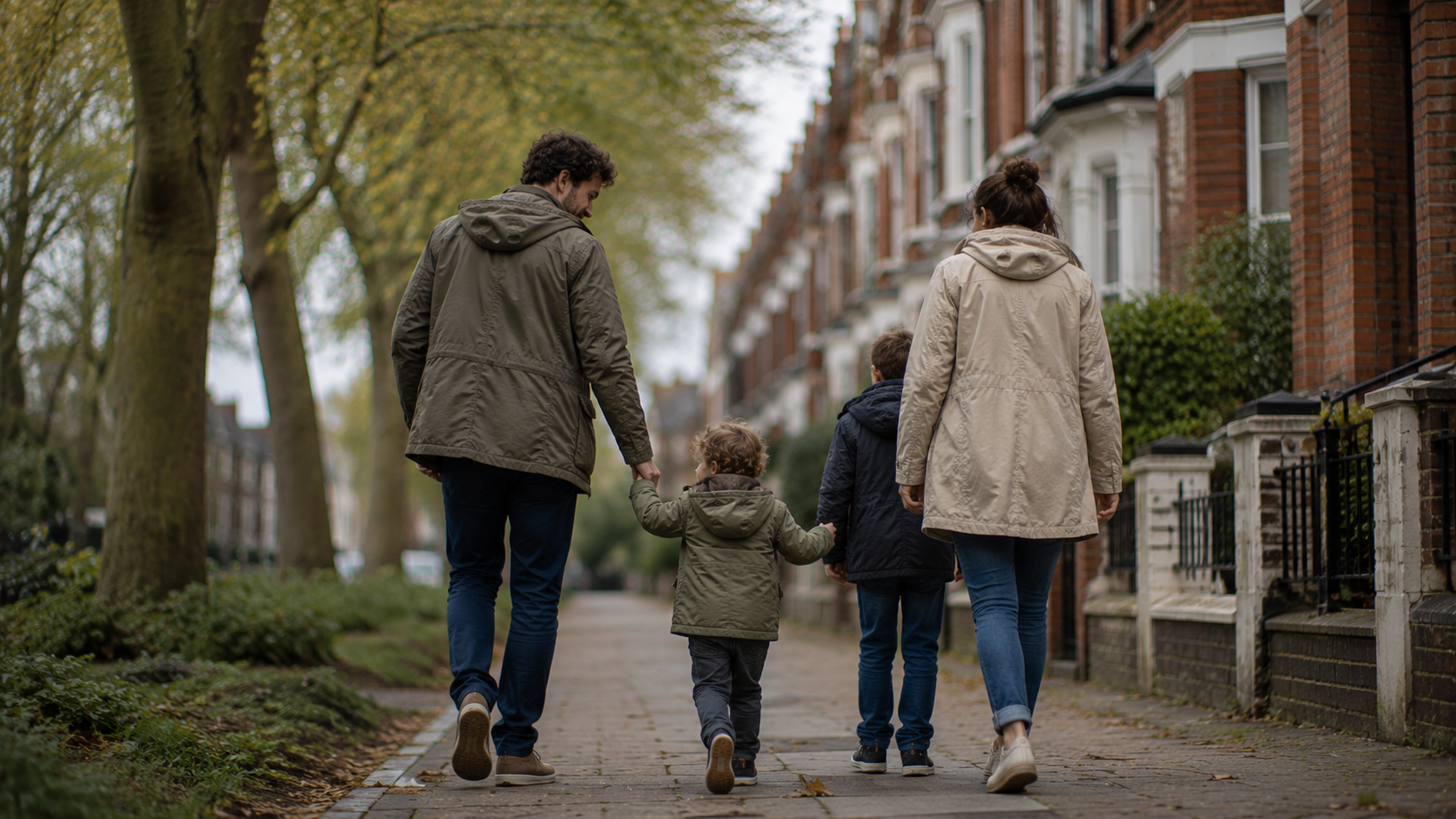 A family walking together past red-brick terraced houses