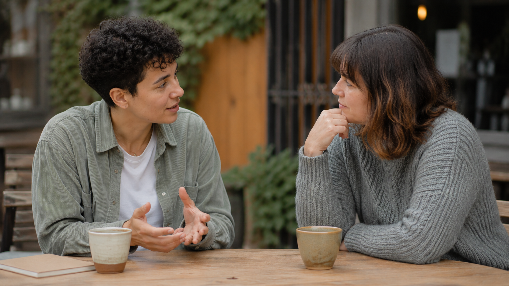 Two people having a thoughtful conversation at a café table