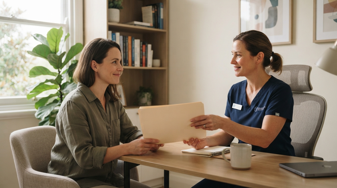 A doctor handing a patient a folder during a consultation
