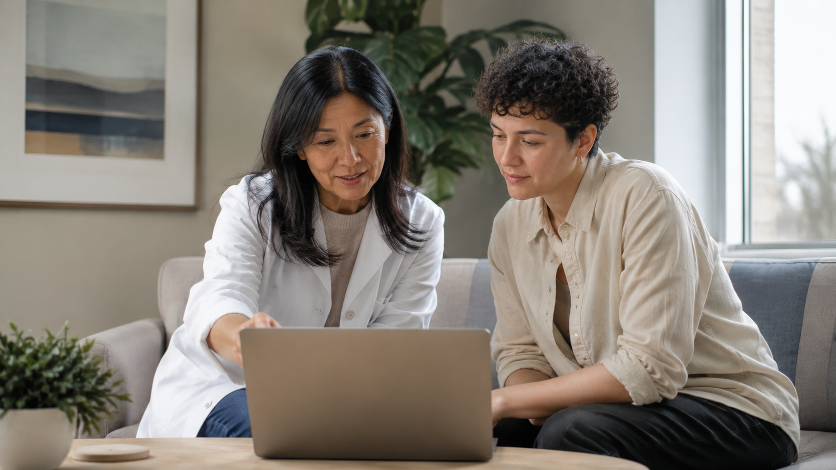 A doctor and patient looking together at a laptop screen