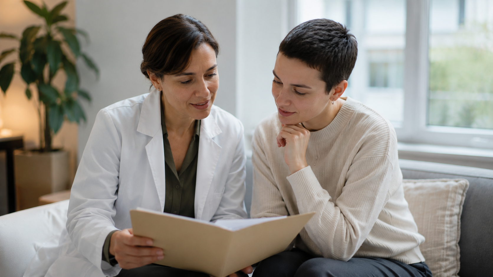A doctor and patient having a calm consultation by a window