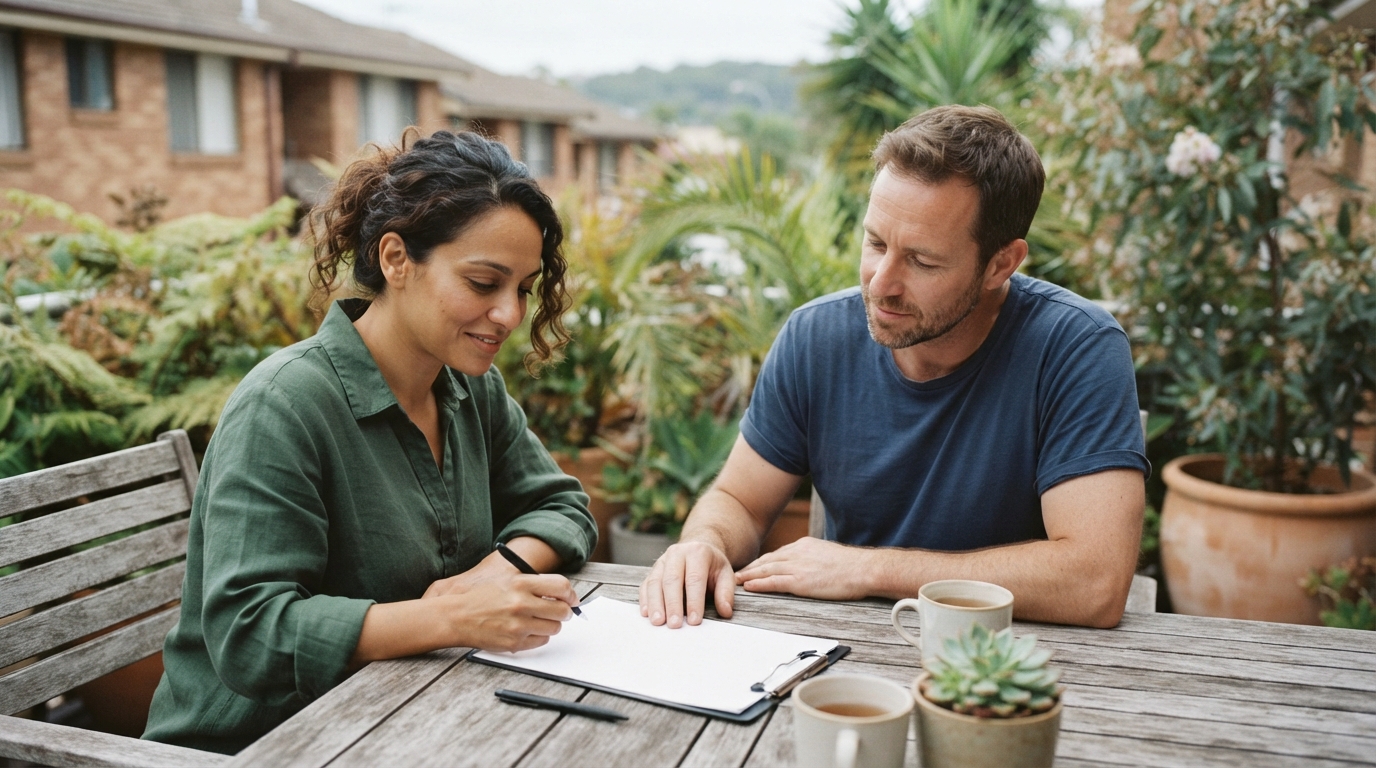 Two people reviewing and signing a document together on an outdoor patio