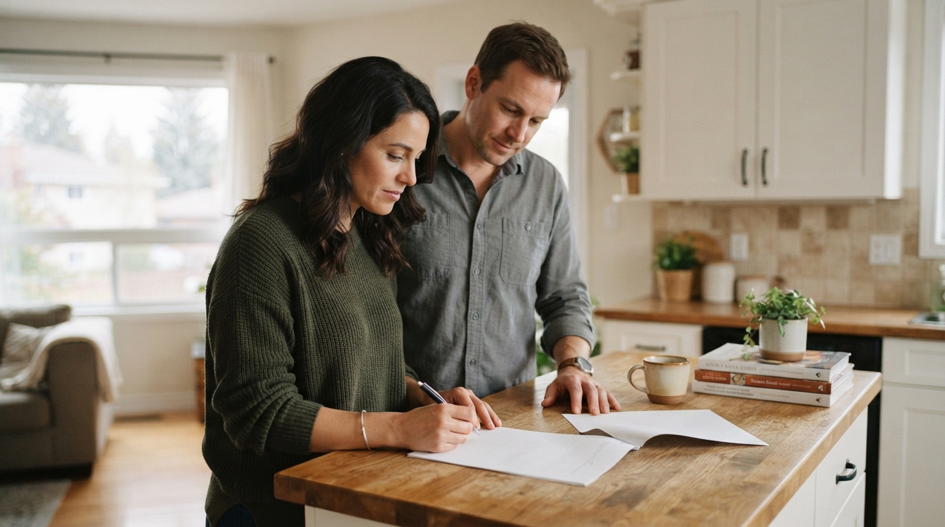 Two people reviewing and signing a document together at a kitchen counter