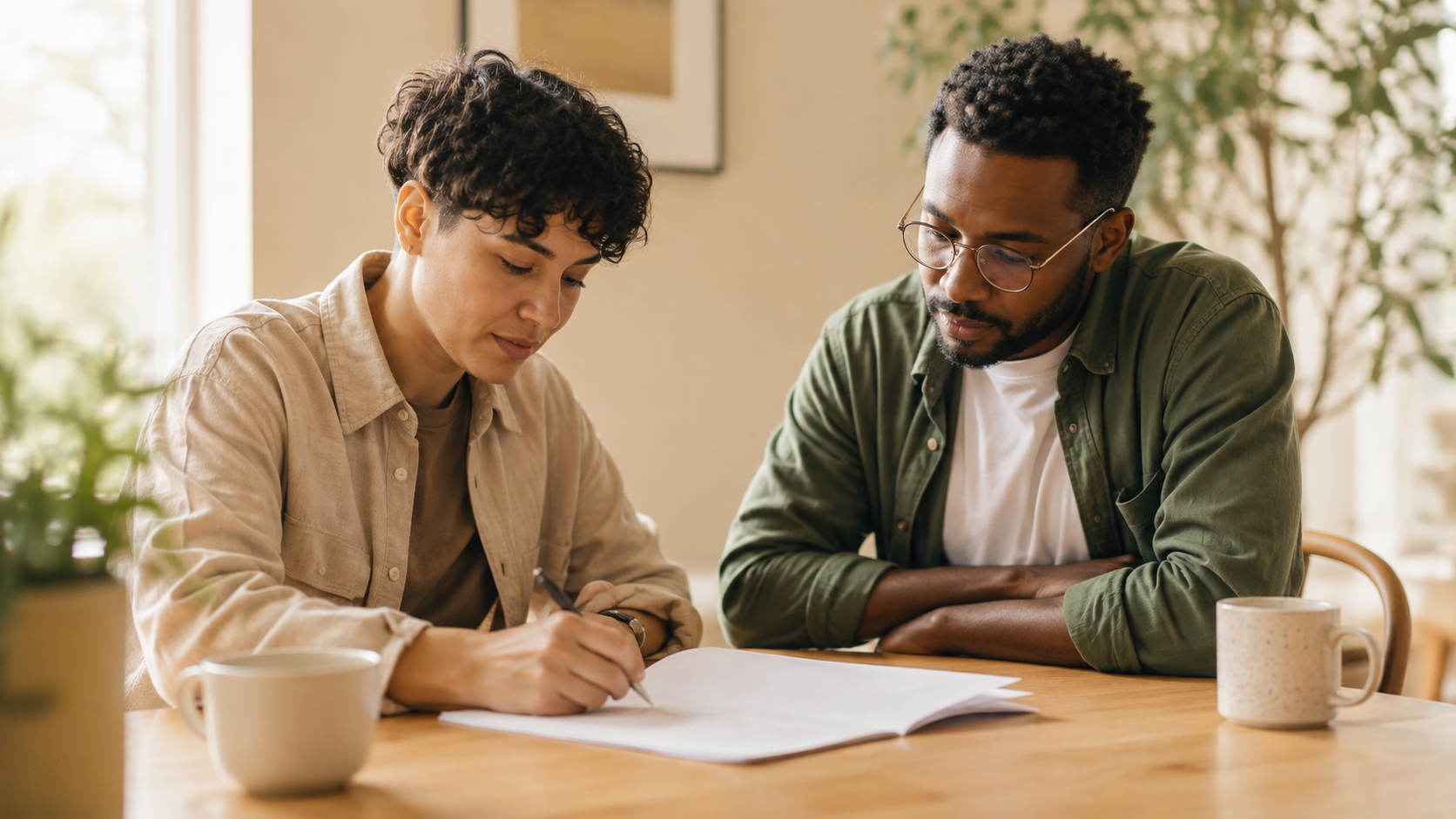Two people reviewing and signing a document together at a kitchen table