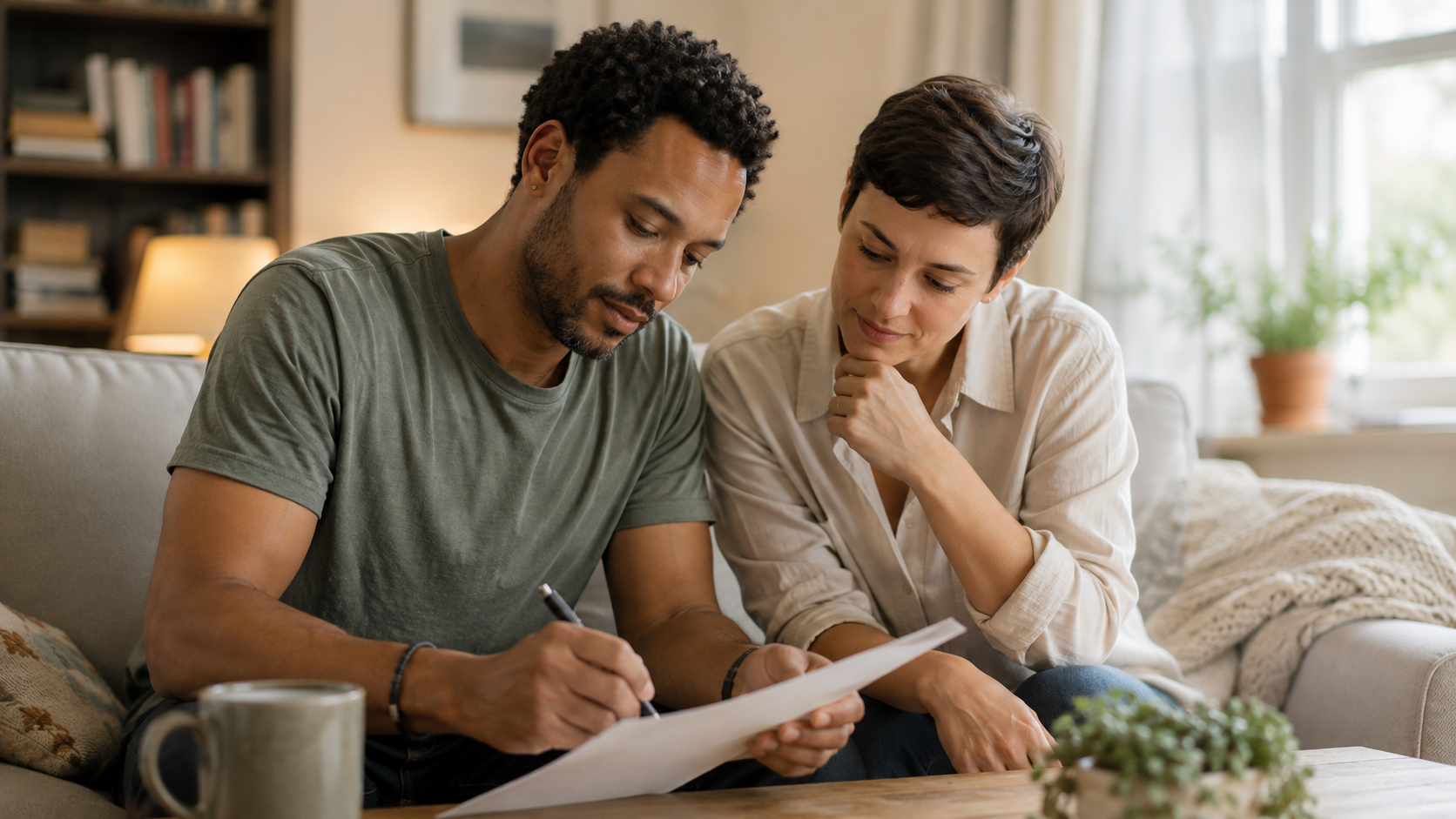 Two people reviewing and signing a document together on a sofa