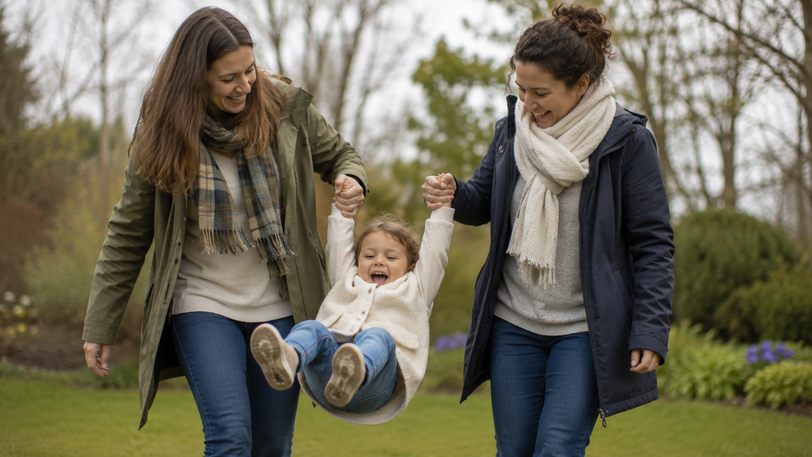 Two moms swinging their laughing daughter between them on a walk in the park