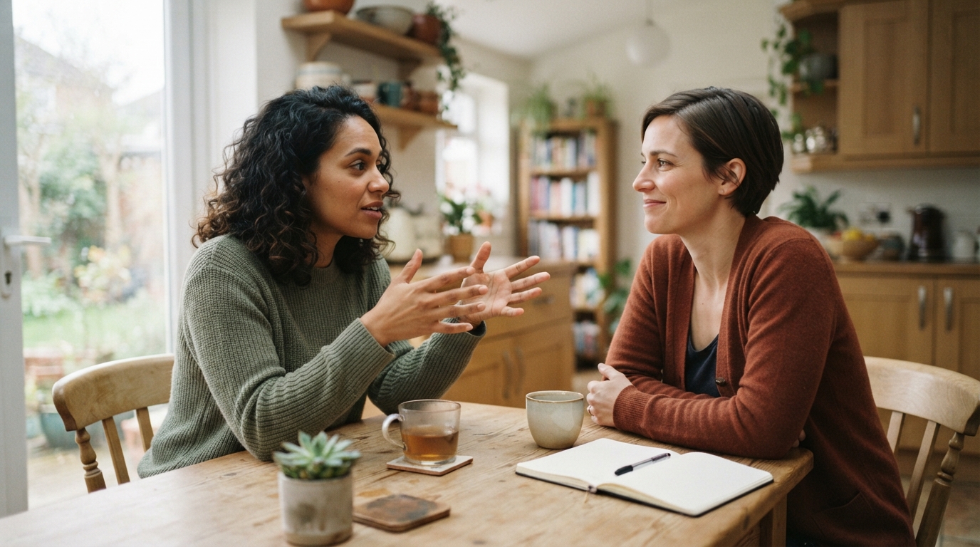 Two people having an open, exploratory conversation at a kitchen table