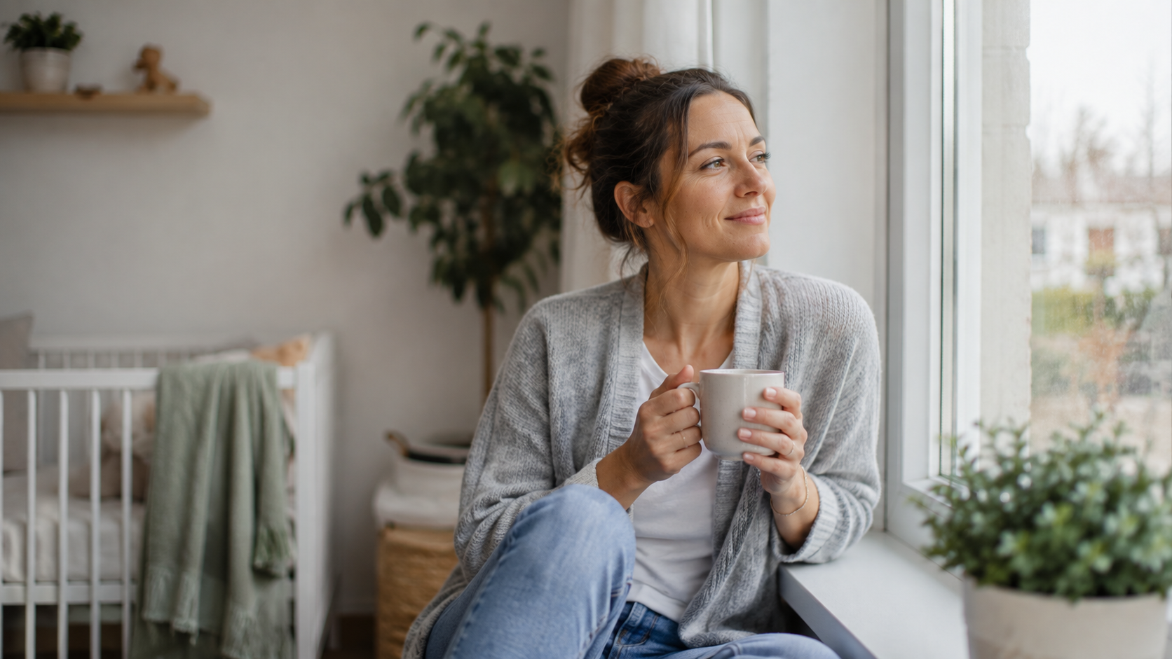 A single woman sitting calmly by a window with a cup of tea
