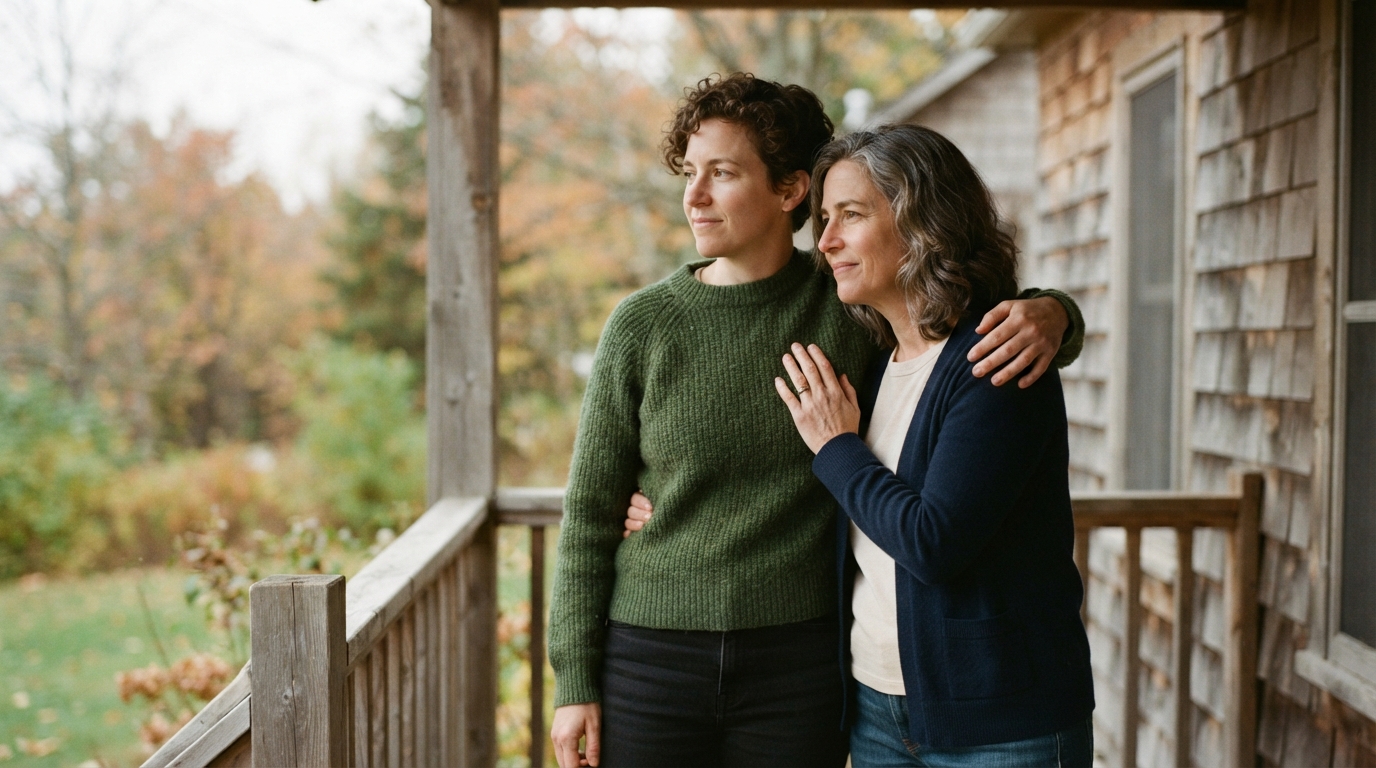 One person warmly supporting another by a window