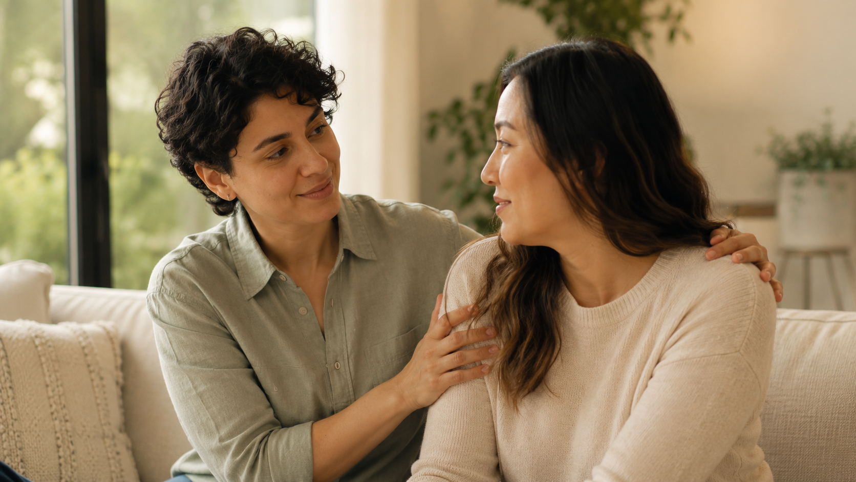One person warmly supporting another in a quiet, comforting moment