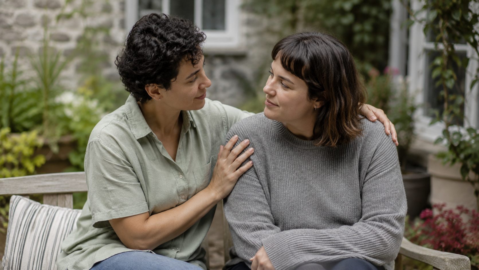 One person warmly supporting another on a garden bench